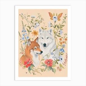 Folksy Floral Animal Drawing Wolf 2 Art Print