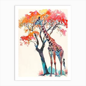Giraffe Under The Acacia Tree Watercolour 2 Art Print