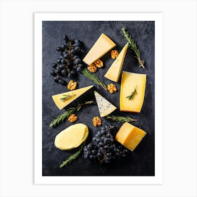 Cheese, walnuts and grapes — Food kitchen poster/blackboard, photo art Art Print