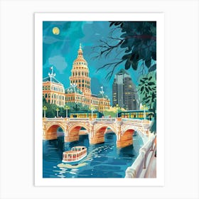 Storybook Illustration Congress Avenue Bridge Austin Texas 3 Art Print