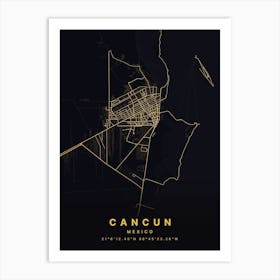 Cancun Mexico Black And Gold Map Art Print