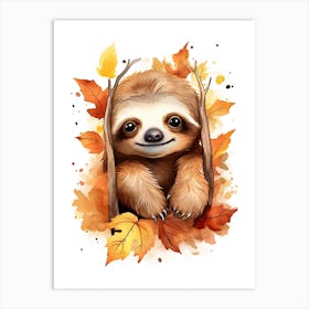 A Sloth Watercolour In Autumn Colours 3 Art Print