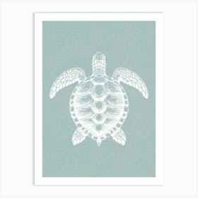 Vintage Sea Turtle Silhouette On Soft Green Linen Texture Art Print