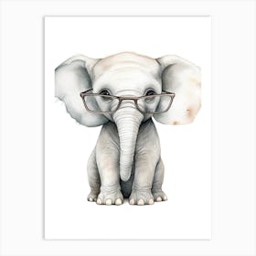 Smart Baby Elephant Wearing Glasses Watercolour Illustration 2 Art Print