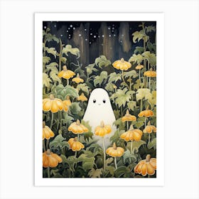 Cute Bedsheet Ghost, Botanical Halloween Watercolour 101 Art Print