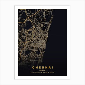 Chennai India Black And Gold Map Art Print