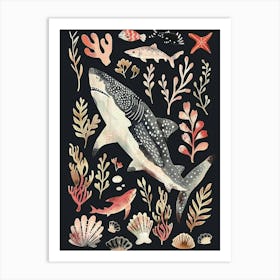 Whale Shark Seascape Black Background Illustration 4 Art Print