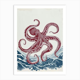 Red & Navy Blue Octopus In The Ocean Linocut Inspired 4 Art Print