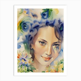 Watercolor Of A Girl With Flowers Art Print