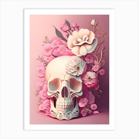 Skull With Intricate 2 Linework Pink Vintage Floral Art Print