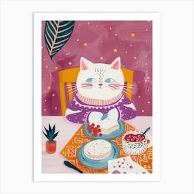 White Cat Having Breakfast Folk Illustration 2 Art Print