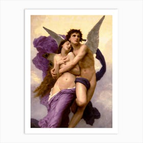 The Abduction of Psyche (1895) by William-Adolphe Bouguereau The Abduction of Psyche (1895) by French artist William-Adolphe Bouguereau (1895-1905) depicts the moment Psyche is gently swept away by Zephyr, the god of the west wind, as part of the myth of Cupid and Psyche. The painting is a serene and beautifully detailed portrayal of this mythical transition, emphasizing the delicate beauty of the figures. The work, rendered in soft pinks, purples and creams, captures the moment Psyche is taken to her new life, symbolizing the escape from earthly trials. It forms part of the academic-realism movement of the 19th century, often emphasizing classical techniques and idealized subjects from mythology. The original painting currently resides in a private collection. Art Print