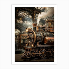 Steampunk Train Brass And Copper Embellishments Gears Visible Beneath Glass Panels Steam Billowin 1 Art Print