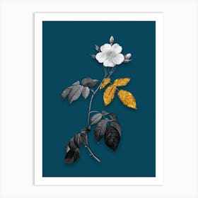 Vintage Big Leaved Climbing Rose Black and White Gold Leaf Floral Art on Teal Blue Art Print