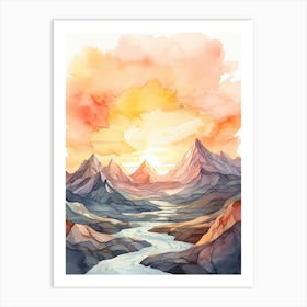 Watercolor Landscape With Mountains And River Art Print