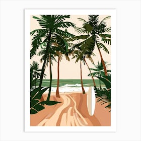 Beach With Palm Trees And Surfboard Art Print