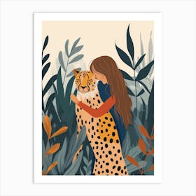 Girl Hugging Cheetah Art Print