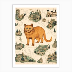 Medieval Style Cat & Village Art Print