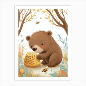 Brown Bear Cub Playing With A Beehive Storybook Illustration 2 Art Print