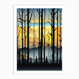 Sunset In The Woods,   Forest bathed in the warm glow of the setting sun, forest sunset illustration, forest at sunset, sunset forest vector art, sunset, forest painting,dark forest, landscape painting, nature vector art, Forest Sunset art, trees, pines, spruces, and firs, black, blue and yellow, woods Art Print