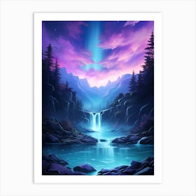 Waterfalls In The Mountains - Pink and Blue Art Print