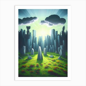Standing Stones Stonehenge Circle Of Stones Mystical Magical Fantasy Magic Cover Art Storm Mysterious Stone Circle Monuments Historical Dream Landscape Outdoors Flowers Art Print