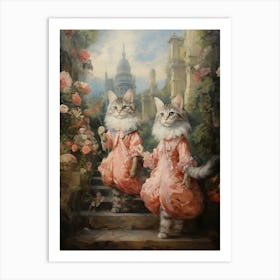 Two Cats In Pink Dresses At A Medieval Courtyard Art Print