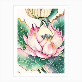 Lotus Flower Repeat Pattern Watercolour Ink Pencil 3 Art Print