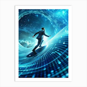 A Businessman In A Suit Running On A Surfboard Through A Futuristic Tunnel Of Binary Code Against A Starry Sky Art Print