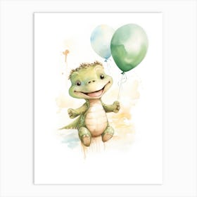 Baby Alligator Flying With Ballons, Watercolour Nursery Art 4 Art Print