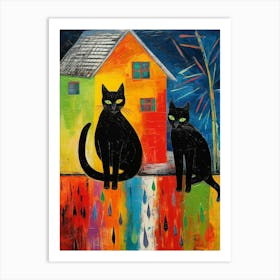 Two Black Cats In Front Of A Colourful House  Art Print