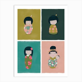 Kokeshi Dolls Teal Pink Art Print