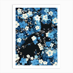 Black Cat In Blue Flowers 5 Art Print