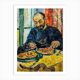 Portrait Of A Man With Cats Eating Pizza 2 Art Print