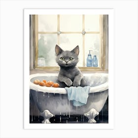 Russian Blue Cat In Bathtub Botanical Bathroom 1 Art Print
