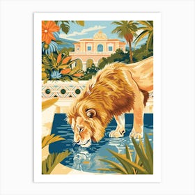 Barbary Lion Drinking Illustration 1 Art Print