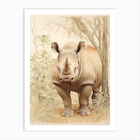Rhino In The Leaves Vintage Illustration 3 Art Print