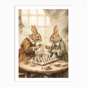 Bunny Playing Chess Rabbit Prints Watercolour 3 Art Print