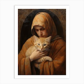 Monk Holding Stripy Cat Art Print