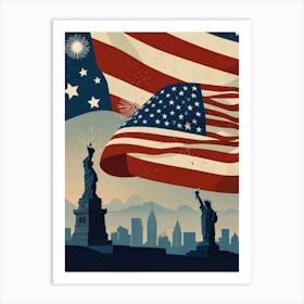 American Flag And Statue Of Liberty Art Print