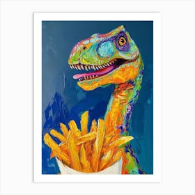 Dinosaur Eating Fries Blue Background Art Print