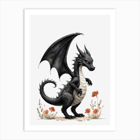 Cute Black Baby Dragon Flowers Painting (4) Art Print