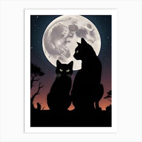 Silhouette Of Two Cats Under A Full Moon 5 Art Print