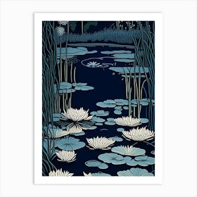 Pond With Lily Pads Water Waterscape Linocut 3 Art Print
