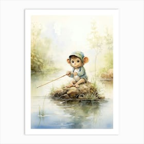 Monkey Painting Fishing Watercolour 2 Art Print
