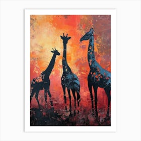 Giraffe Herd In The Red Sunset 3 Art Print