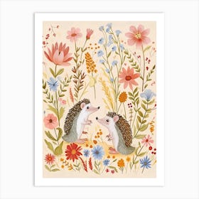 Folksy Floral Animal Drawing Hedgehog 2 Art Print