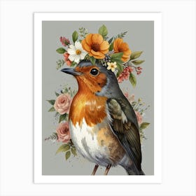 Robin With Flower Crown Style1 Watercolor Art Print