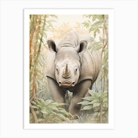 Vintage Illustration Of A Rhino Walking Through The Leaves 2 Art Print