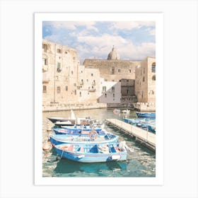 Puglia, Italy I Authentic, historic fishing village of Monopoli with its blue boats in the harbour with Mediterranean southern architecture photography and retro vintage pastel summer aesthetic with film camera Art Print